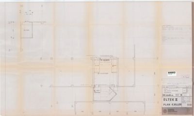 Etasjeplan eller kjellerplan som viser romfordeling, veggposisjon og dimensjoner.