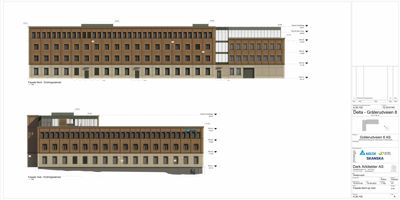 Fasadetegning som viser bygningens utseende sett fra nord og vest med høydeangivelser.
