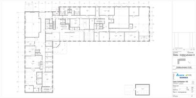 Etasjeplan eller romfordeling for en bygning, sannsynligvis første etasje (Plan 01 - Etningsplan).