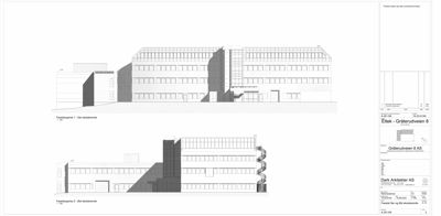 Bildet viser to fasadeperspektiver (opp- og sideutsikt) av en bygning med vindusfelt og taklinjer.