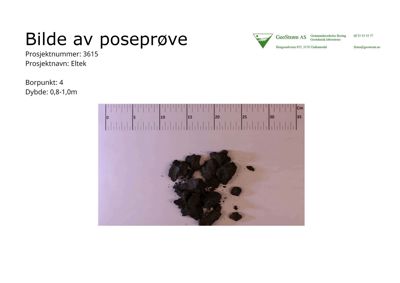 Fotografi av en poseprøve (jordprøve) med målestokk, inkludert dokumentasjonstekst.