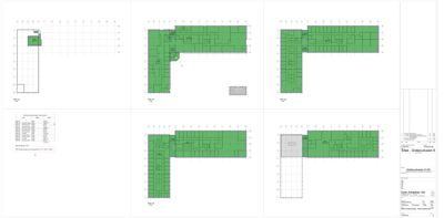 Bildet viser et sett med etasjeplaner (floor plans) for en bygning, med romfordeling og veggkonstruksjoner markert i grønt.