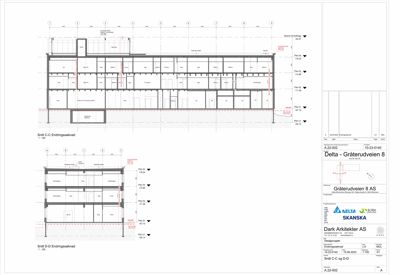 Snittegning (Snitt C-C og D-D) som viser tverrsnittet av bygningen med romfordeling og høyder.