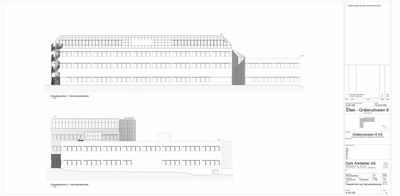 Bildet viser fasadegrunnplaner (Nord og Vest) for en bygning, som viser bygningens utseende sett fra utsiden.