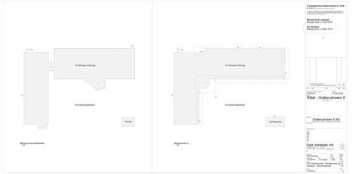Bildet viser etasjeplaner (floor plans) for en bygning. Det er to varianter av planene: 'Bebygd areal eksisterende' og 'Bebygd areal ny', som sammenligner den nåværende situasjonen med en planlagt endring eller utvidelse. Planene viser romfordeling, parkeringsplasser og garasje.