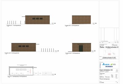Bildet viser en tegning med fire fasadeoppvisninger (nord, øst, vest, sør) og et snitt av en bygning.