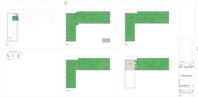 Bildet viser en samling etasjeplaner (floor plans) for en bygning, med romfordeling og veggkonstruksjoner markert.
