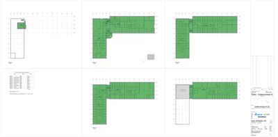 Bildet viser et sett med etasjeplaner (floor plans) for en bygning, med romfordeling og veggkonstruksjoner.