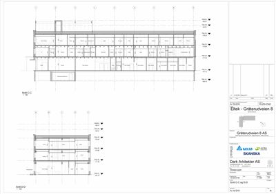 Bildet viser to snittegninger (Snitt C-C og Snitt D-D) av en bygning, som illustrerer tverrsnittet og romfordelingen.