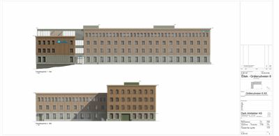 Fasadetegning som viser bygningens utseende sett fra to ulike sider (sør og vest).