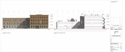 Bildet viser en fasadetekning med to varianter av en bygning, en eksisterende og en planlagt, med detaljer om høyder og vindu.