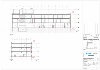 Snittegning (Snitt C-C og Snitt D-D) som viser tverrsnittet av bygningen med romfordeling og høyder.