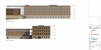 Fasadetegning som viser bygningens utseende sett fra front og side.