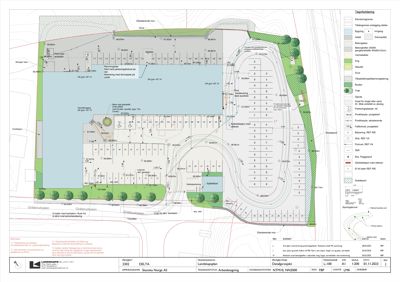 Situasjonsplan som viser tomtens form, beplantning, veier og bygningers plassering.
