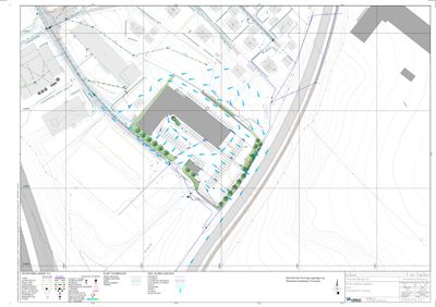 Situasjonsplan som viser tomtens form, terrengforhold, naboeiendommer og bygningens plassering i forhold til veier og infrastruktur.