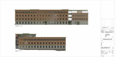 Fasadetegning som viser bygningens utseende sett fra to ulike vinkler (Nord og Vest).