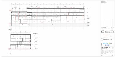Bildet viser et snitt gjennom en bygning (Snitt A-A og Snitt B-B) med tilhørende etasjeplaner.