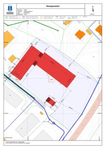 Situasjonskart som viser eiendomsgrenser, bygningers plassering, veier og topografi.