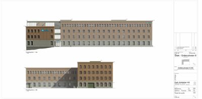 Fasadetegning som viser bygningens utseende sett fra front og side.