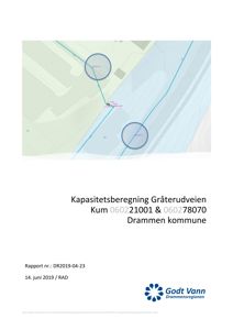 Kart eller situasjonsplan som viser to punkter (Kum 060221001 & 060278070) i forhold til en vei (Gråterudveien) og et vassdrag.