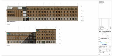 Fasadetegning som viser fronten av en bygning sett fra to ulike vinkler (sør og øst).