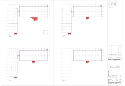 Bildet viser et sett med etasjeplaner (Plan 01, 02, 03, 04) for en bygning. Det er tegninger som viser romfordeling og bygningsstruktur.