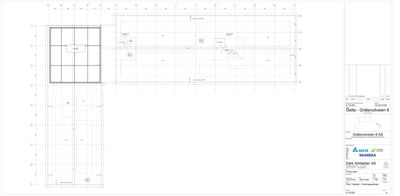 Etasjeplan eller plantegning som viser romfordeling og veggkonstruksjoner i en bygning.