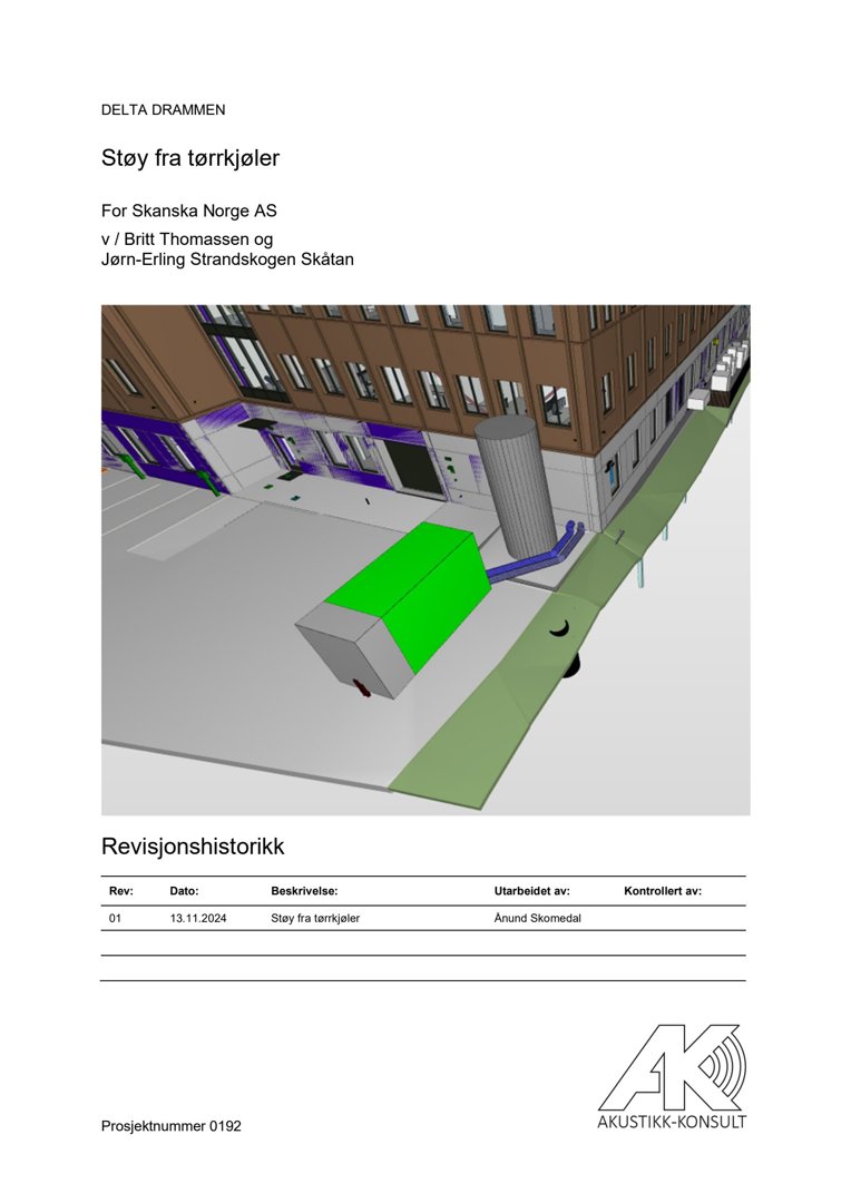 3D-visualisering av en bygning med fokus på støyisolering eller akustikk (indikert av tittelen 'Støy fra tørrkjøler' og fargene på fasaden).