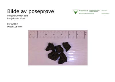Fotografi av en poseprøve (jordprøve) med målestokk, inkludert dokumentasjonstekst.