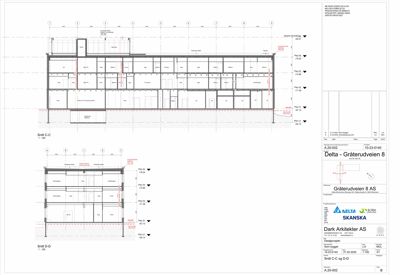 Snittegning (Snitt C-C og D-D) som viser bygningens tverrsnitt, romfordeling og høyder.
