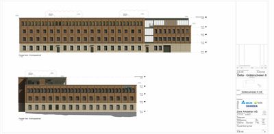 Fasadetegning som viser bygningens utseende sett fra to ulike vinkler (Fasade Nord og Fasade Vest).