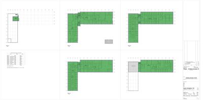 Bildet viser et sett med etasjeplaner (floor plans) for en bygning. Det er flere varianter av samme plan, sannsynligvis for ulike etasjer eller alternativer, med rominndeling og dimensjoner.