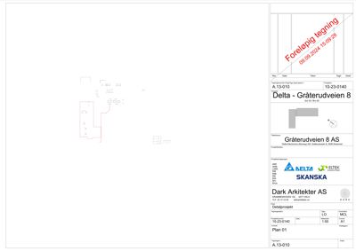 Etasjeplan (Plan 01) for bygget på Gråterudveien 8, som viser romfordeling og veggstruktur.