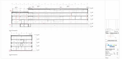 Snittegning (Snitt A-A og B-B) som viser bygningens tverrsnitt og romfordeling.