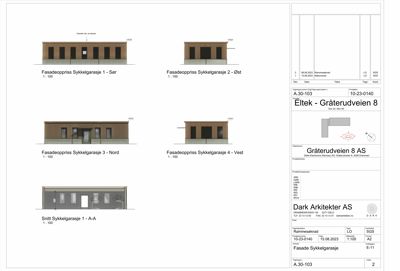 Bildet viser fire fasadeprisser (fremstillinger av fasaden sett fra ulike sider) for en sykkelgarasje, samt en snittegning.