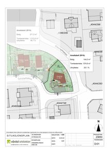 Situasjonsplan som viser tomtens beliggenhet, grenser, nabotomter, veier og arealoppdeling.