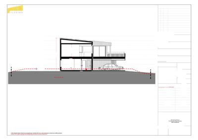 Snittegning som viser bygningens tverrsnitt, høyder, innvendig oppdeling og grunnplan.