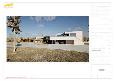 3D-visualisering av en moderne villa med omgivelser, inkludert bil og trær.