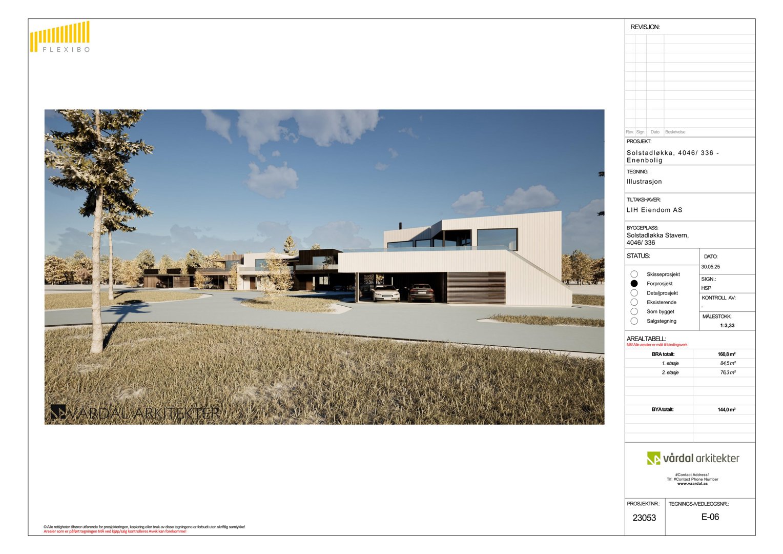 3D-visualisering av en moderne villa med omgivelser, inkludert bil og trær.