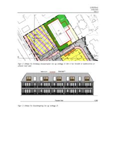 Bildet viser en tegning med to deler: øverst en situasjonsplan (Figur 2) og nederst en fasadetegning av bygningens vestside (Figur 3).