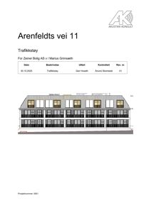 Fasadetegning som viser bygningens utseende fra fronten, inkludert vinduer, balkonger og takform.