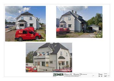 Fotografier av en eksisterende bolig fra tre forskjellige vinkler (Sør, Sør-Øst og Vest) som er inkludert i en byggesak.
