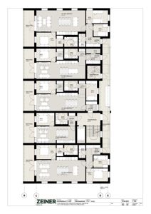 Etasjeplan (BOLIG 1. etasje) som viser romfordeling, veggtykkelse og innredning for flere leiligheter.