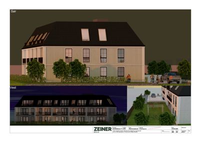 3D-visualisering (rendering) av en boligbygning sett fra flere vinkler (Sør, Vest, Nord) med omgivelser.