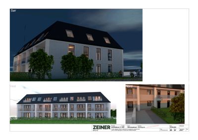 Bildet viser en 3D-visualisering (rendering) av en planlagt boligbygning sett fra tre ulike vinkler: Sør, Vest og Nord.