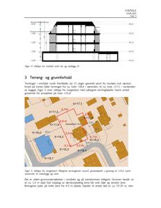 Bildet viser en situasjonsplan (norgeskart) med påtegnet terrengkoter, gravehøyder og avstander til nabobygger. Det er også inkludert en snittegning (mottatt snitt) øverst på siden.