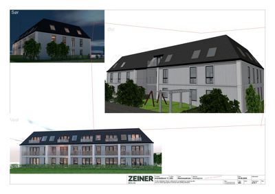 3D-visualisering av en boligblokk sett fra tre ulike vinkler (Sør, Øst, Vest) med omgivelsene inkludert.
