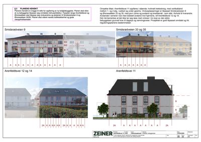 Fotografier av eksisterende bygninger på Smidsrødveien 9, Smidsrødveien 33 og 35, Arenfeldtsvei 12 og 14, samt Arenfeldtsvei 11, med overlagte ruter og bokstaver for å vise fasadeoppsett og vinduesplasseringer.