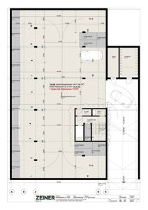 Etasjeplan for et parkeringshus som viser plassering av 14 stk. parkeringsplasser, teknisk rom, svakeplass og trapperom.