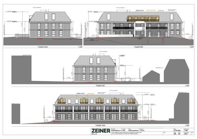 Fasadetegning som viser bygningens utseende fra fire sider (Nord, Øst, Sør, Vest) med mål og detaljer.
